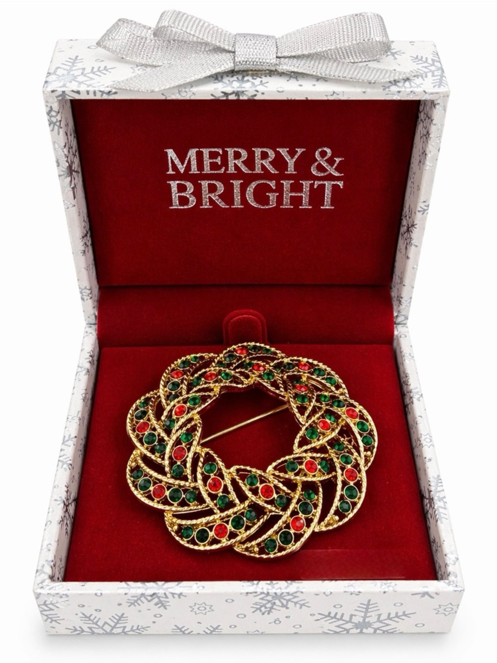 Festive Gold-Tone Wreath Brooch with Red & Green Crystals